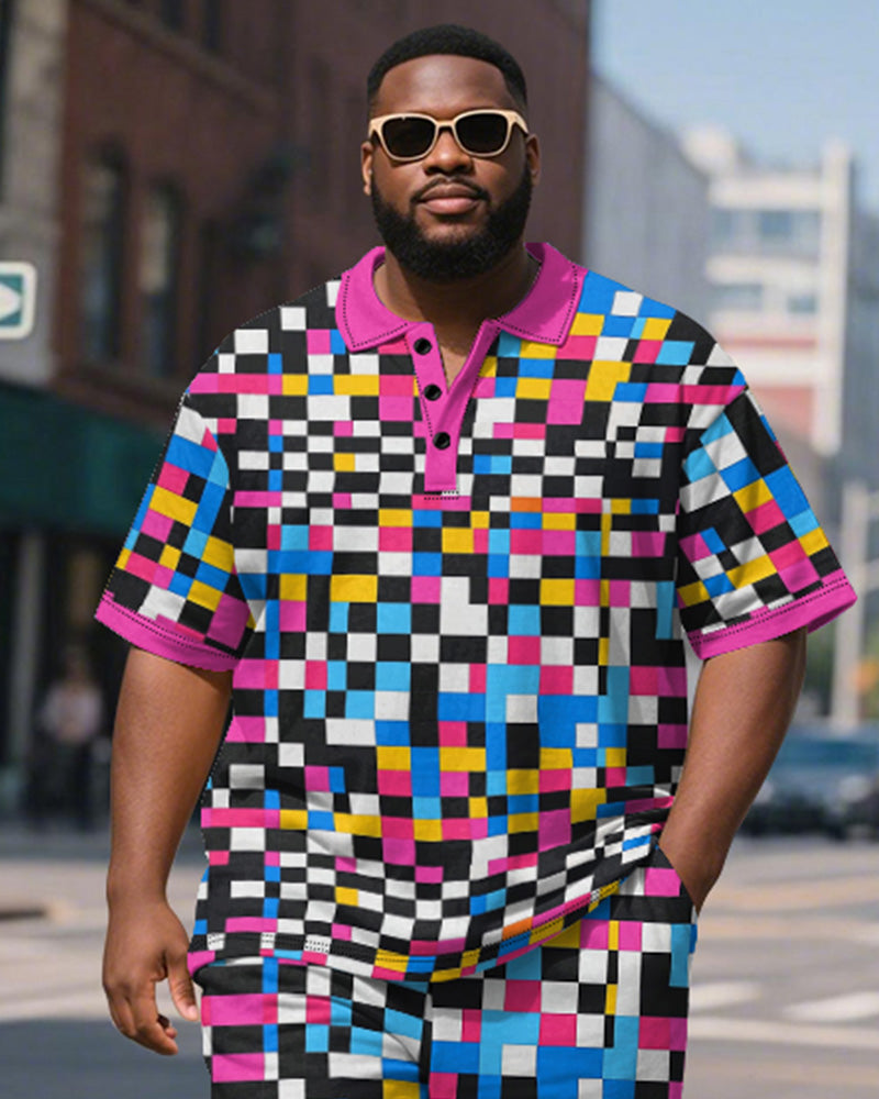 Big & Tall Men's Colorful Pixel Colorblock Printed Short Sleeve Polo Shirt Shorts Suit