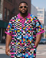 Big & Tall Men's Colorful Pixel Colorblock Printed Short Sleeve Polo Shirt Shorts Suit