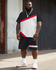 Street Casual Red Stripe Colorblock Print Big Men's Set