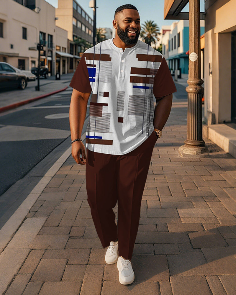 Men's Plus Size Brown Colorblock Stripe Geometric Print Henley Collar T-Shirt Trousers Suit