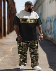 Men's Big Size Street Camouflage Retro Color Block Hip-hop Casual Two-piece Set