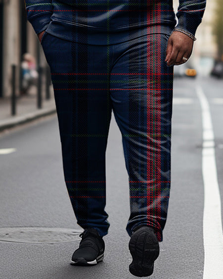 Men's Large Size Diamond Color Block Check Casual Hoodie and Sweatpants Two Piece Set