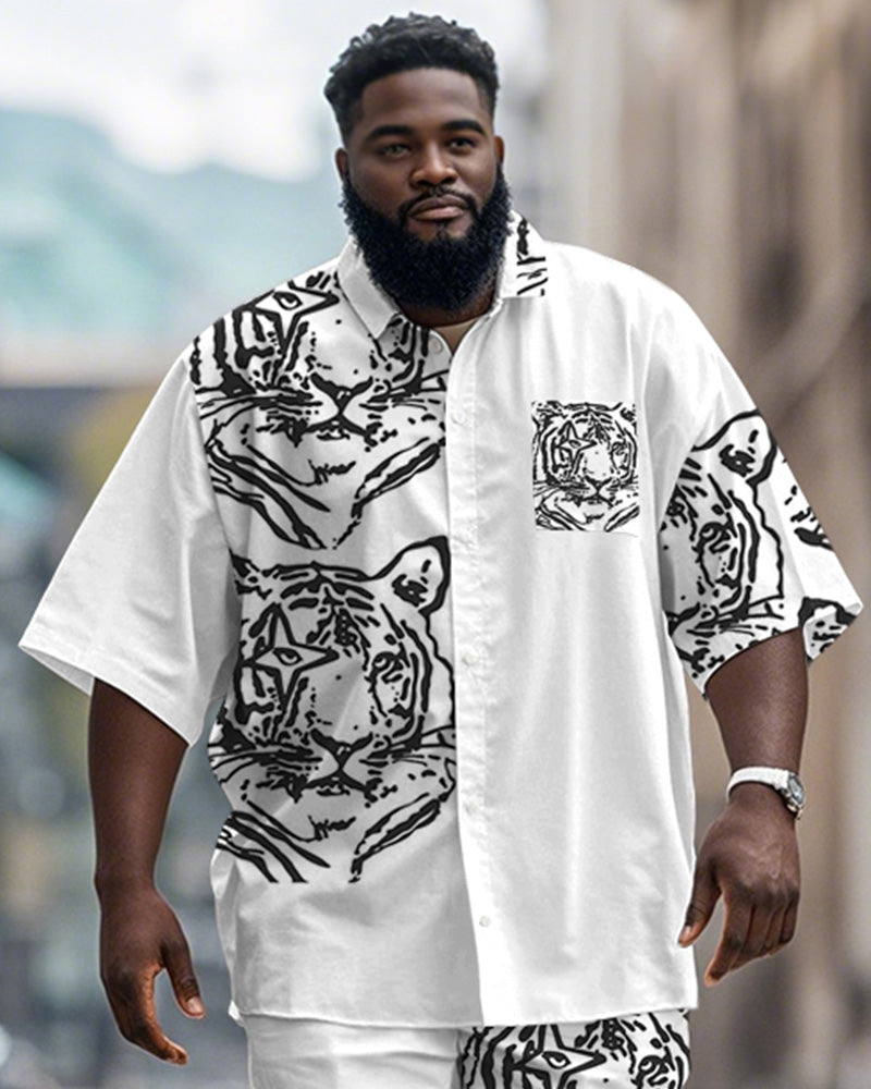 Men's Plus Size Street Fashion White Graffiti Tiger Print Shirt Shorts Suit