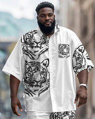 Men's Plus Size Street Fashion White Graffiti Tiger Print Shirt Shorts Suit