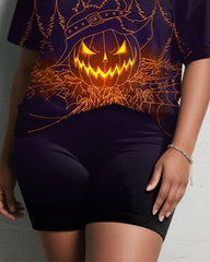 Women's Big & Tall Halloween Purple Pumpkin Graffiti Print Short Sleeve Shorts Suit