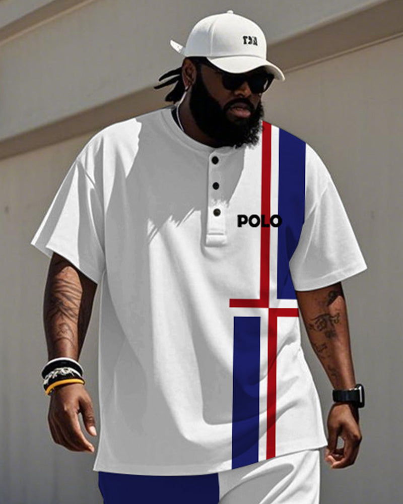 Men's Plus Size Blue And Red Stripe Colorblock Alphabet Print Henry Collar T-Shirt Trousers Suit