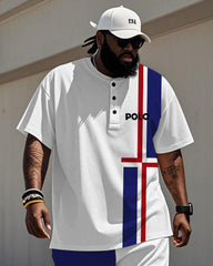 Men's Plus Size Blue And Red Stripe Colorblock Alphabet Print Henry Collar T-Shirt Trousers Suit