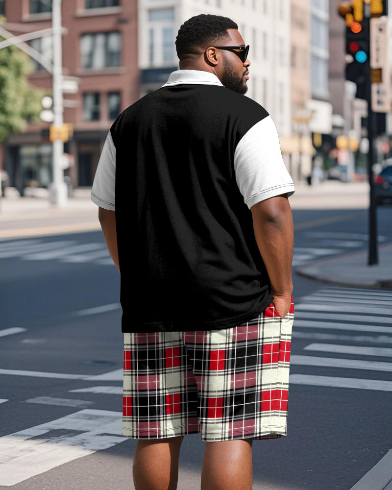 Big & Tall Men's Business Black And Red Color Block Plaid Printed Short Sleeve Polo Shirt Shorts Suit