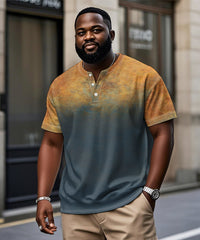 Men's Plus Size Daily Casual Yellow Blue Gradient Print Henry Collar Button Short Sleeve T-Shirt
