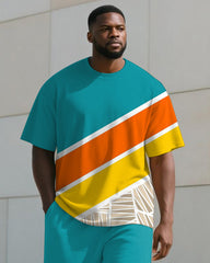 Men's Plus Size Blue And Yellow Color Block Geometric Print T-shirt Trousers Suit