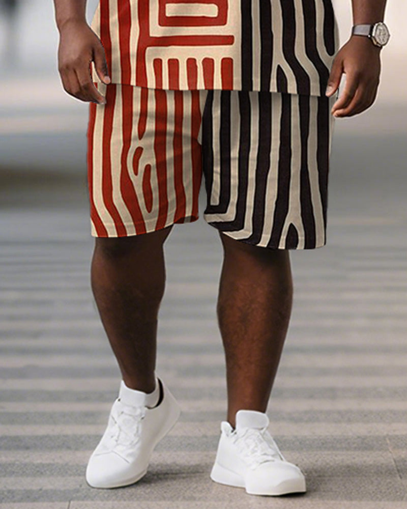 Men's Plus Size Black Red Stripe Geometric Print Short Sleeve T-Shirt Shorts Suit