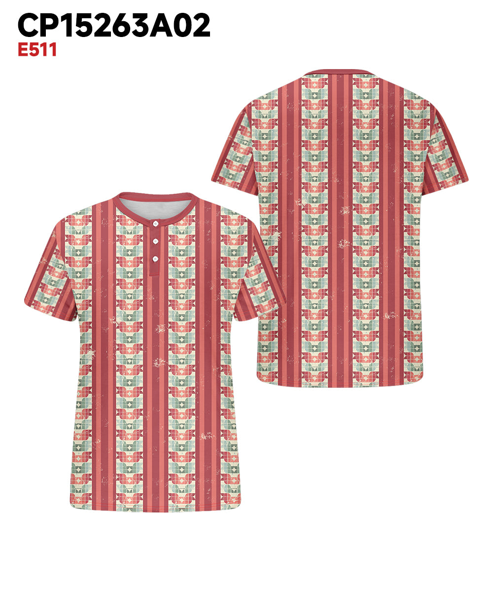 Men's Plus Size Pink Geometric Stripe Printed Henley Collar Button Short Sleeve Tee