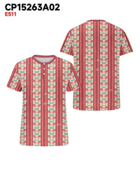 Men's Plus Size Pink Geometric Stripe Printed Henley Collar Button Short Sleeve Tee