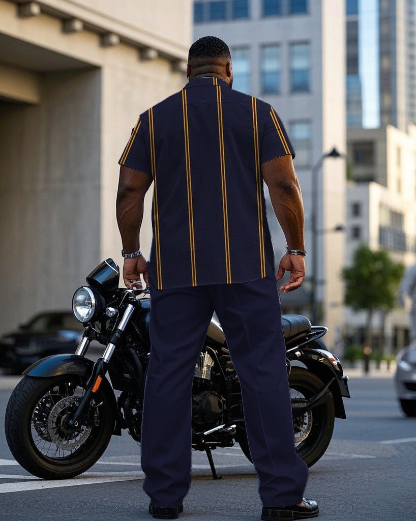Men's Plus Size Business Purple Striped Short Sleeve Shirt Trousers Suit