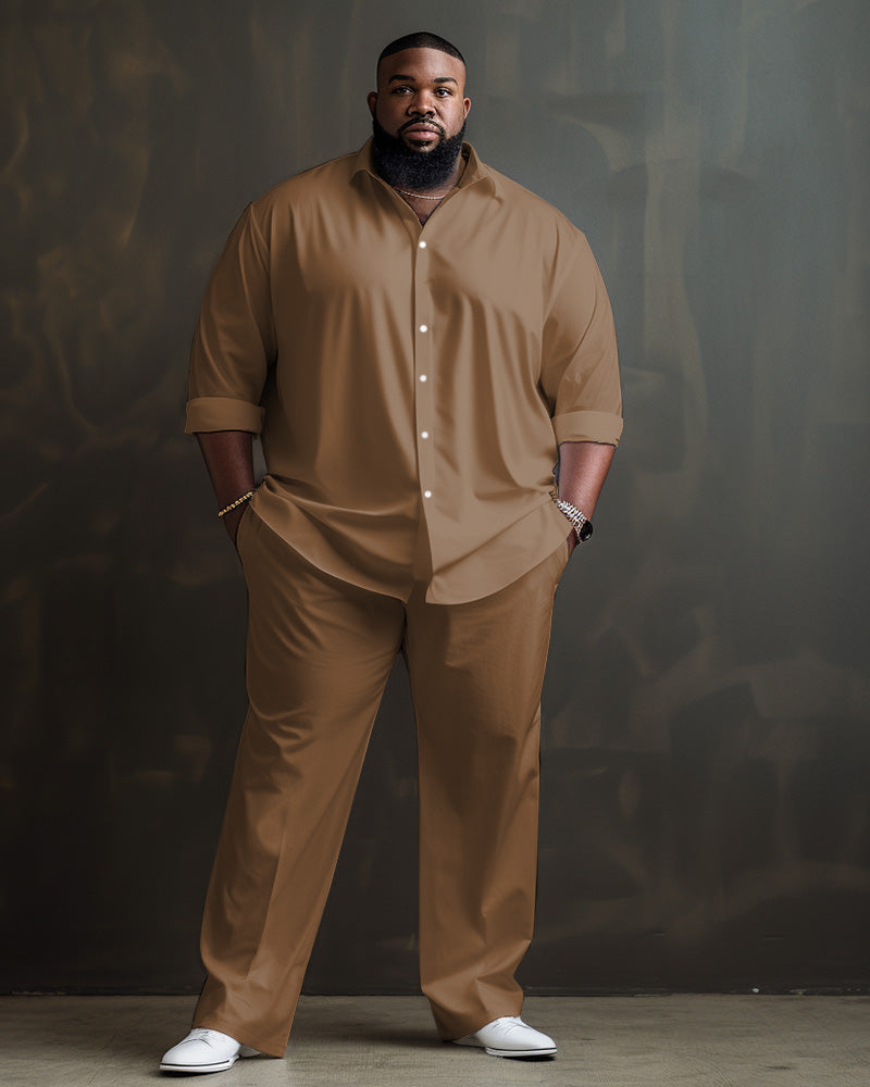 Solid Color Big Guys Long Sleeve Lapel Shirt and Pants Set