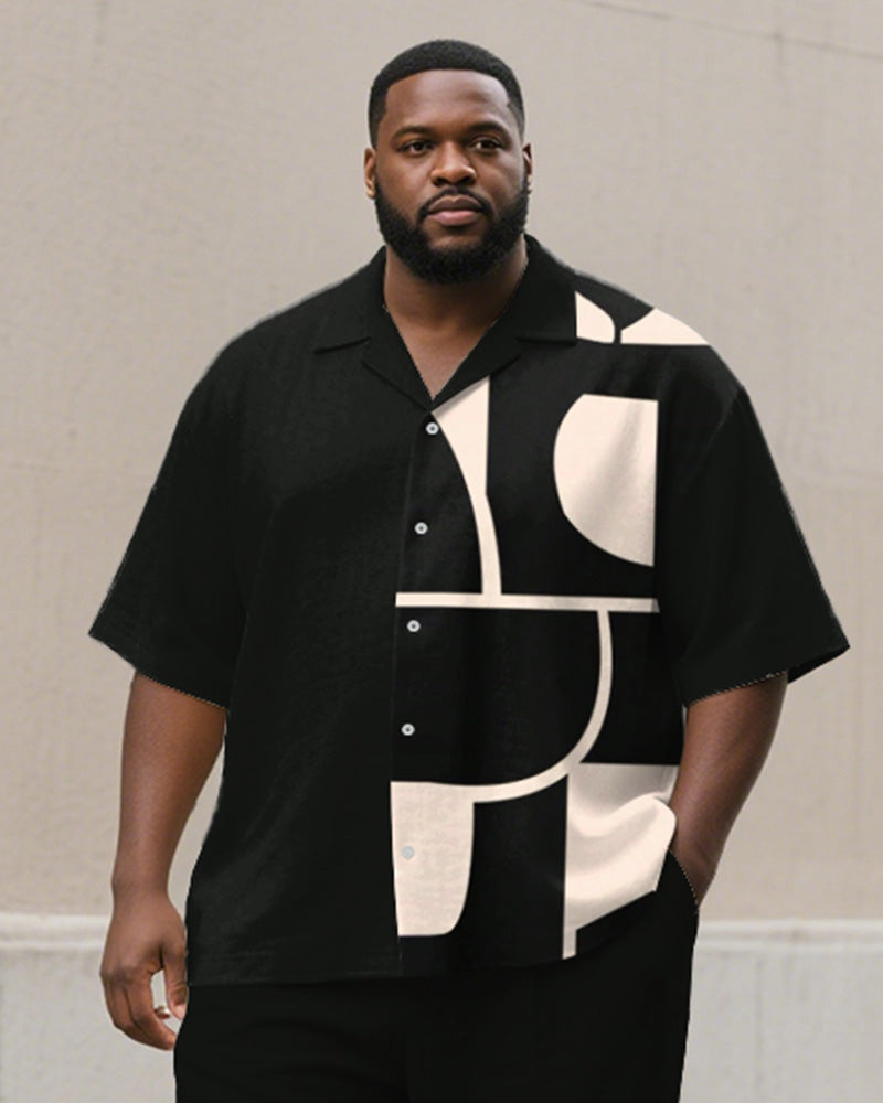 Men's Plus Size Simple Black Khakis Geometric Print Short-sleeved Shirt Trousers Suit