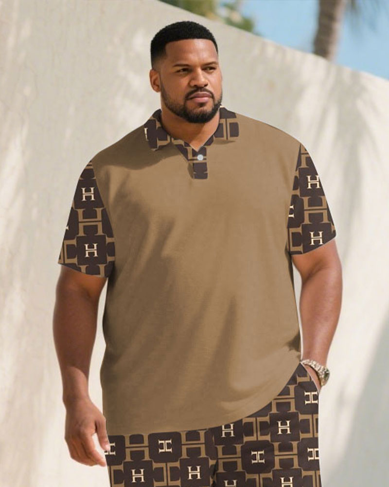 Big & Tall Men's Summer Khaki Big Brand Pattern Stitching Polo Short Sleeve Shirt Shorts Suit