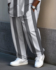 Big Men's Simple Fashion Vertical Stripe & POLO Letter Printed Long Sleeve Shirt Pants Set
