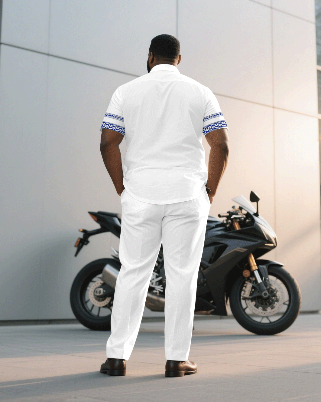 Big & Tall Men's Business Simple White Ethnic Mosaic Printed Short Sleeve Shirt Pants Suit