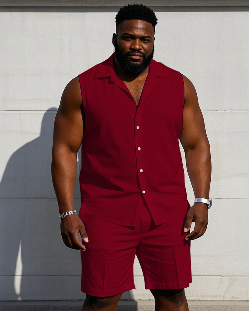 Men's Plus Size Sleeveless Vest Shirt Shorts Suit-Solid 10 Color Choice