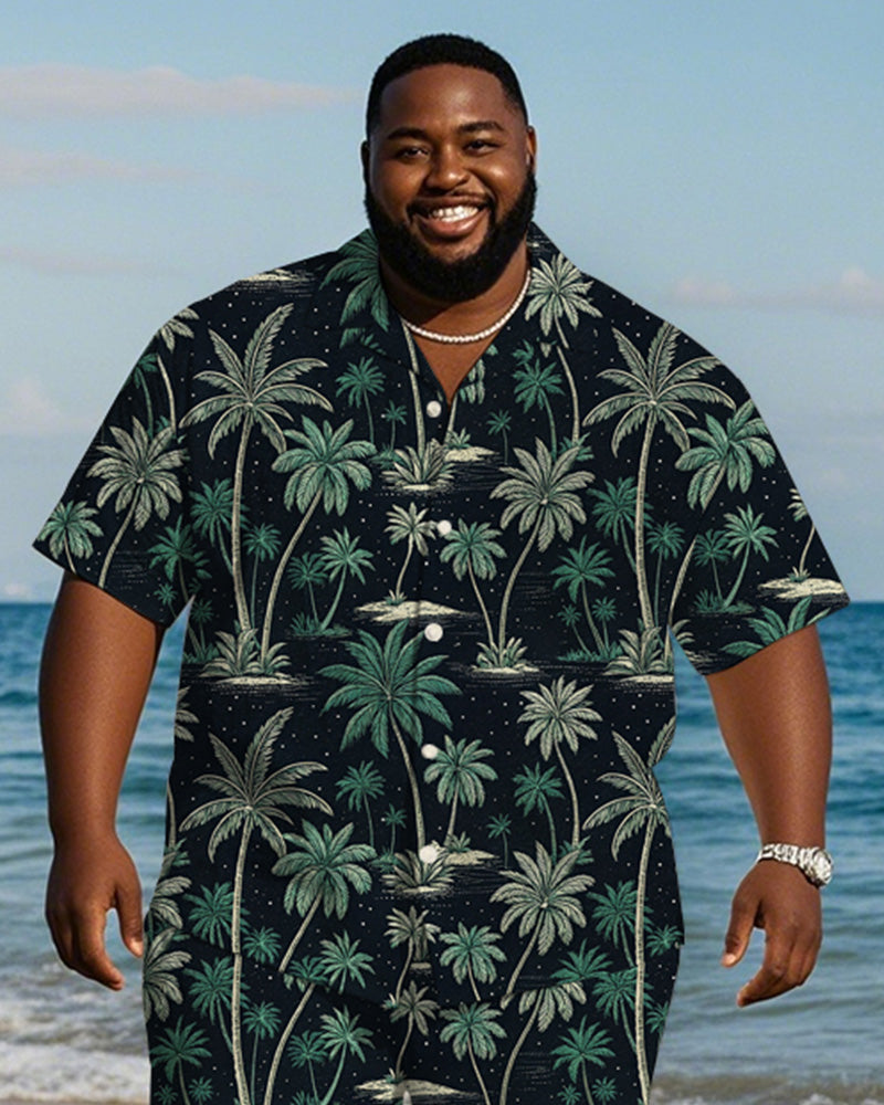 Men's Plus Size Hawaiian Hand Painted Black Green Coconut Tree Print Shirt Shorts Suit