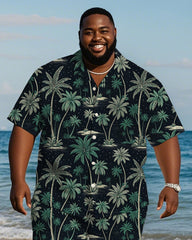 Men's Plus Size Hawaiian Hand Painted Black Green Coconut Tree Print Shirt Shorts Suit