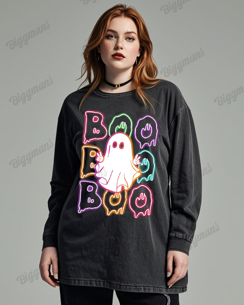 Boo Ghost Print Wash Cotton Round Neck Long Sleeve Plus Size Top