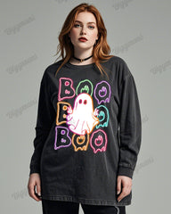 Boo Ghost Print Wash Cotton Round Neck Long Sleeve Plus Size Top