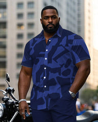 Men's Plus Size Sapphire Blue Irregular Geometric Jacquard Craft Printed Short Sleeve Shirt Trousers Suit