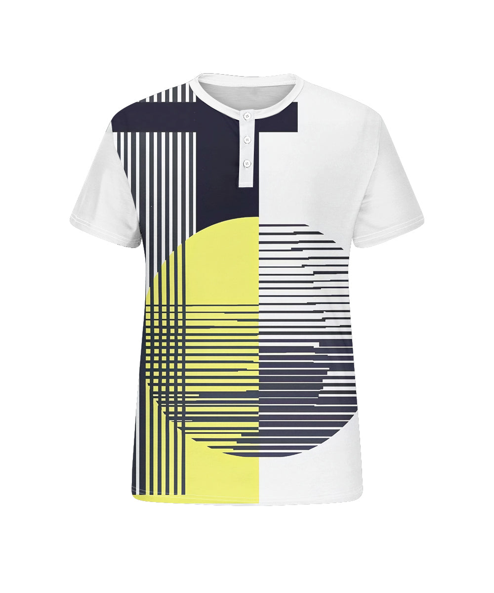 Men's Plus Size Geometric Color Block Striped Print Henry Collar Button Short Sleeve T-shirt