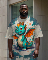Men's Splash Ink Cute Dinosaur Printed Street Fashion 2-Piece Short Sleeve T-shirt Pants Set
