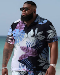 Men's Plus Size Beach Hawaiian Pattern Polo Shirt and Shorts Two-piece Set
