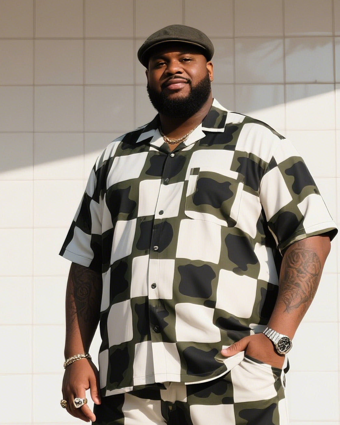 Big Man's Daily Casual Checkerboard Square Creative Camouflage Short Sleeve Shirt Shorts Suit