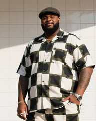 Big Man's Daily Casual Checkerboard Square Creative Camouflage Short Sleeve Shirt Shorts Suit