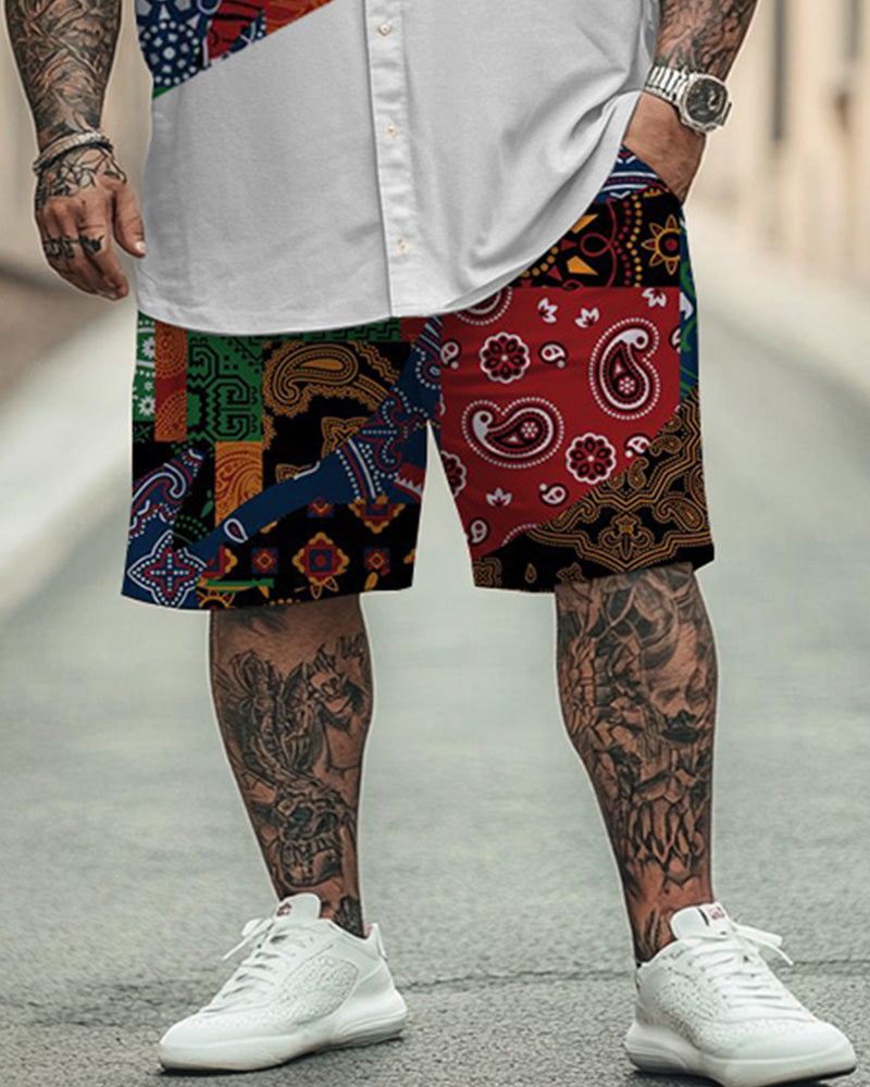 Men's Plus Size Street Fashion Paisley Colorblock Print Shirt Shorts Suit