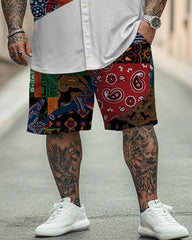 Men's Plus Size Street Fashion Paisley Colorblock Print Shirt Shorts Suit