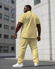 Men's Plus Size Business Fashion Yellow Striped Short Sleeve Shirt Trousers Suit