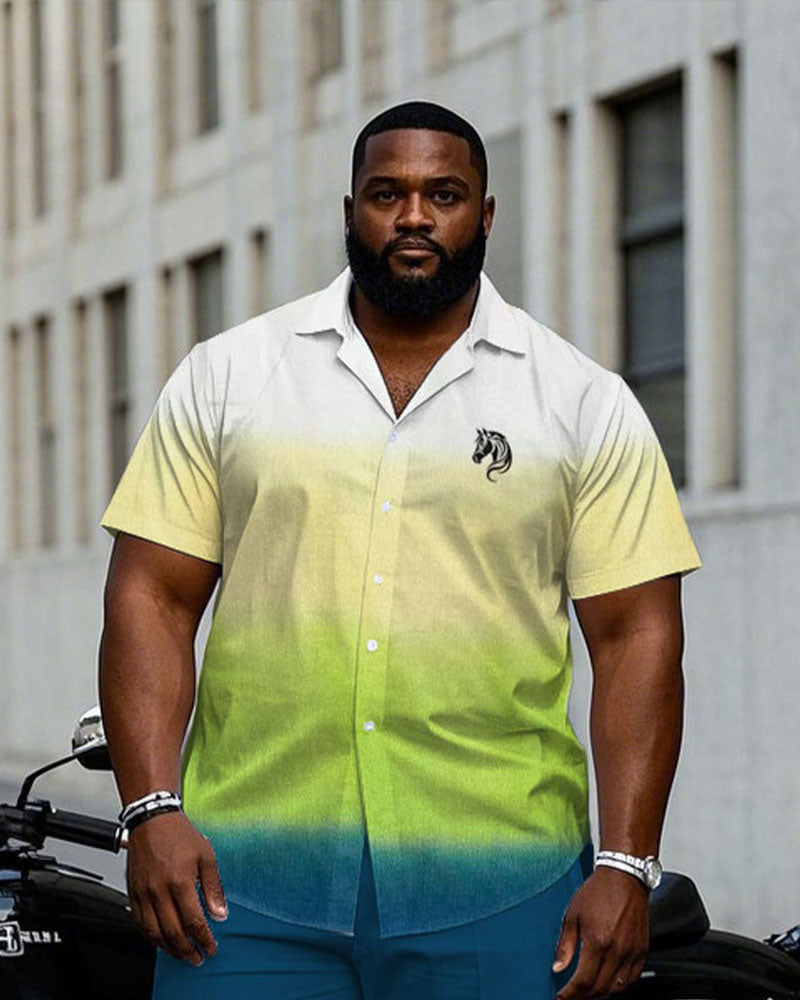 Men's Plus Size White & Yellow & Green & Blue Contrast Color Gradient Chest Small Label Short Sleeve Shirt Pants Suit