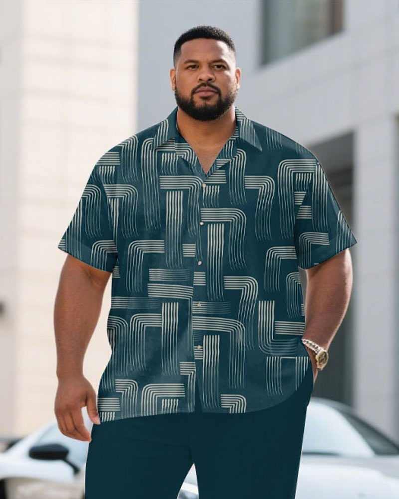 Men's Plus Size Green Business Irregular Linear Short Sleeve Shirt Pants Suit