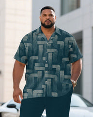Men's Plus Size Green Business Irregular Linear Short Sleeve Shirt Pants Suit