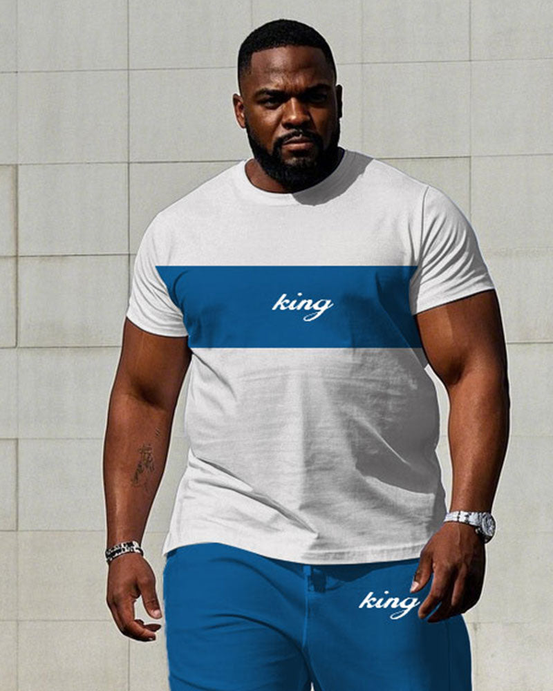 Men's Plus Size Street Blue & White Chest Color "king" Slogan Printed Short-sleeved T-shirt Pants Suit
