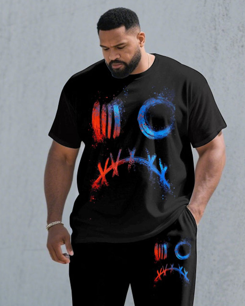 Men's Plus Size Fashion Street Black Chest Personality Graffiti Short Sleeve T-shirt Trousers Suit