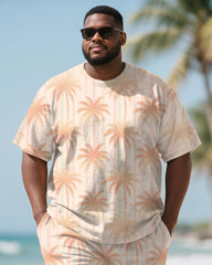 Men's Plus Size Orange Coconut Tree Gradient Stripe Print Round Neck Short Sleeve T-Shirt Shorts Suit