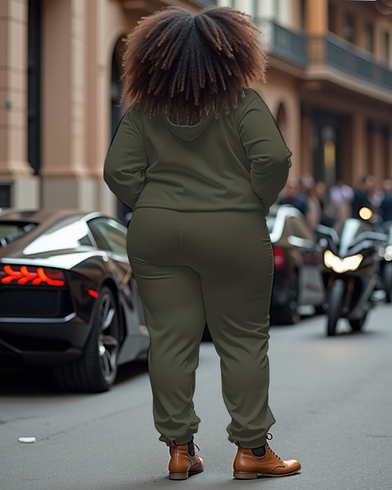 Women's Plus Size She Letter Long Sleeve Hoodie and Casual Pants Set