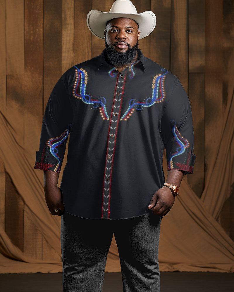 Men's Plus Size Western Denim Floral Long Sleeve Graphic Lapel Long Sleeve Shirt