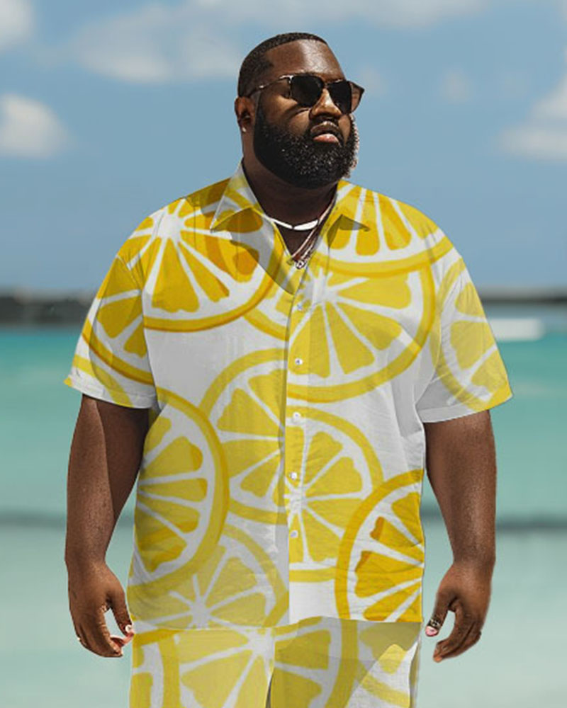 Men's Big & Tall Hawaiian Lemon Print Short Sleeve Shirt Trousers Set