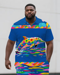 Big Guy's Dreamy Dolphin Abstract Cartoon Printed Casual Short-Sleeve Polo Shirt & Shorts Set