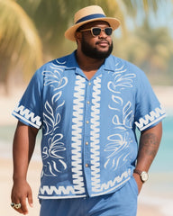 Big Men's Vacation Casual Bohemian Style White Vintage Striped Edge Textured Print Blue Short Sleeve Shirt Shorts Suit
