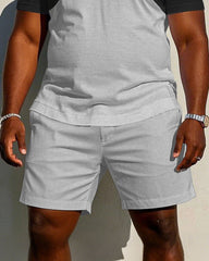 Men's Plus Size Classic Black & Light Melange Gray Design Patchwork Short Sleeve POLO Shorts Suit
