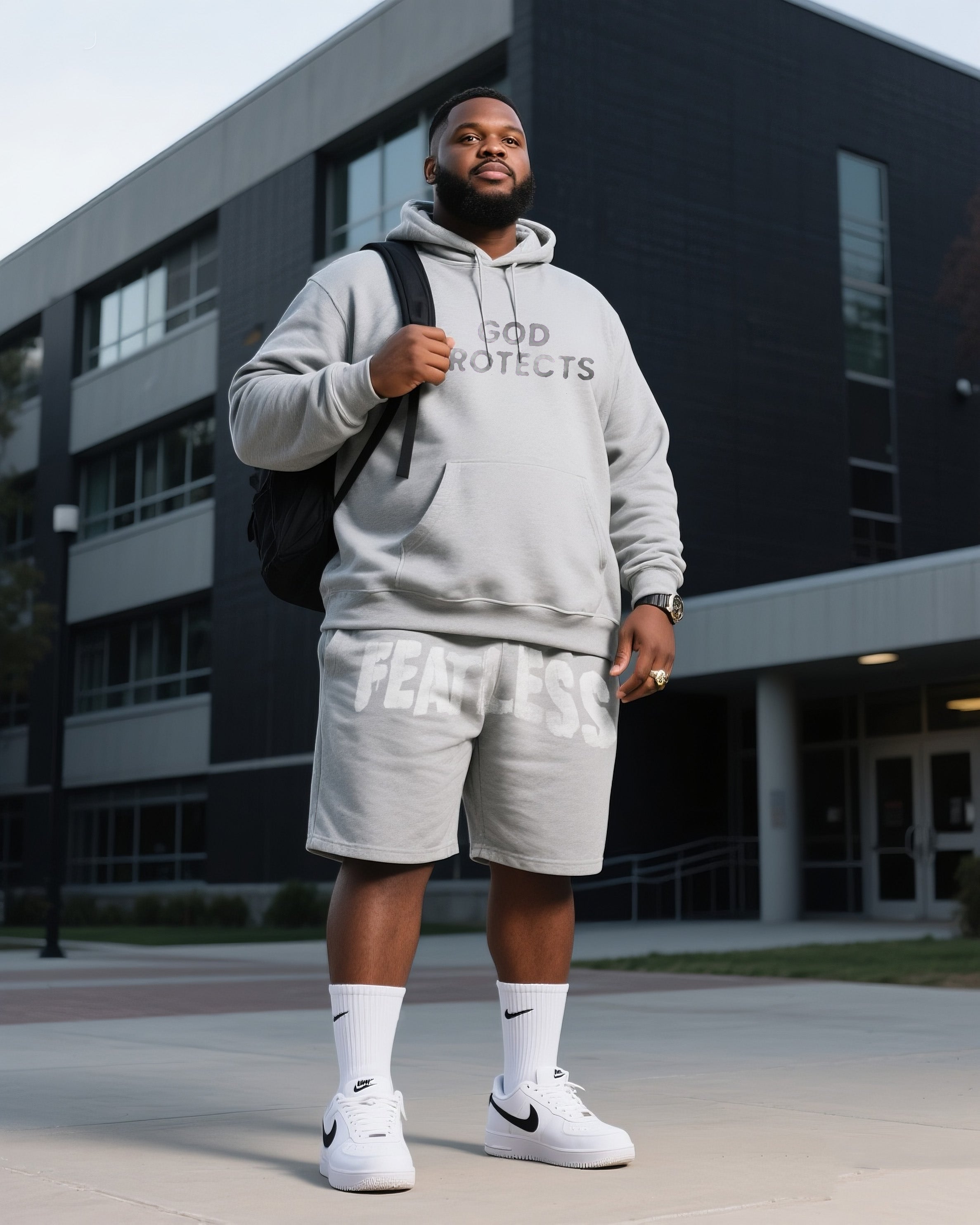Big & Tall Men's Daily Leisure. Original Design Academy Style GOD ROTECTS. Fearless Hoodie Shorts Suit